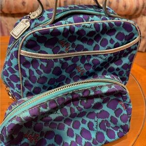 Coach Teal and Purple Leopard Print Cosmetic Bag Set